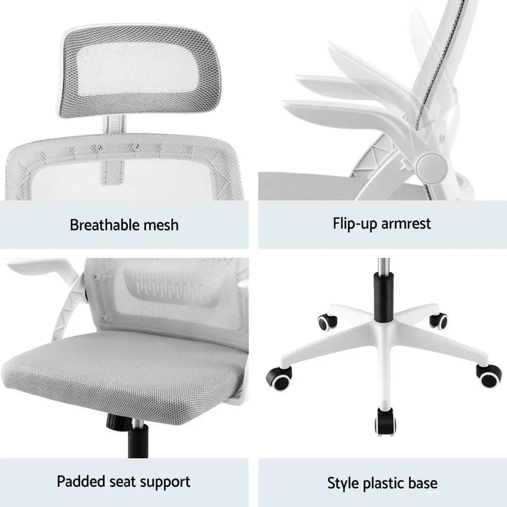 Ergonomic Grey Office Chair Adjustable Headrest Lumbar Support Mesh Computer Desk Chair for Home and Office