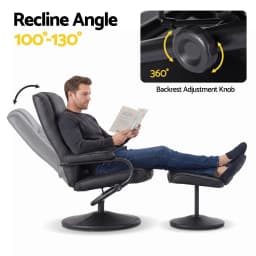 Swivel Recliner Chair and Ottoman Set PU Leather Black Relaxing Lounge Armchair with Footrest for Living Room Office Bedroom