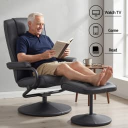 Swivel Recliner Chair and Ottoman Set PU Leather Black Relaxing Lounge Armchair with Footrest for Living Room Office Bedroom