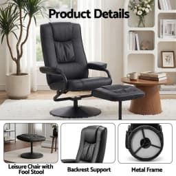Swivel Recliner Chair and Ottoman Set PU Leather Black Relaxing Lounge Armchair with Footrest for Living Room Office Bedroom