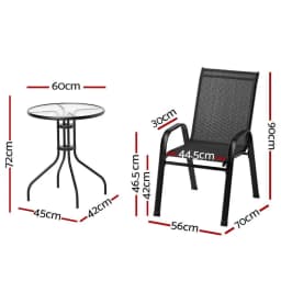 3PC Outdoor Bistro Set Table and Chairs Stackable Patio Furniture Black Balcony Garden Yard Furniture Set
