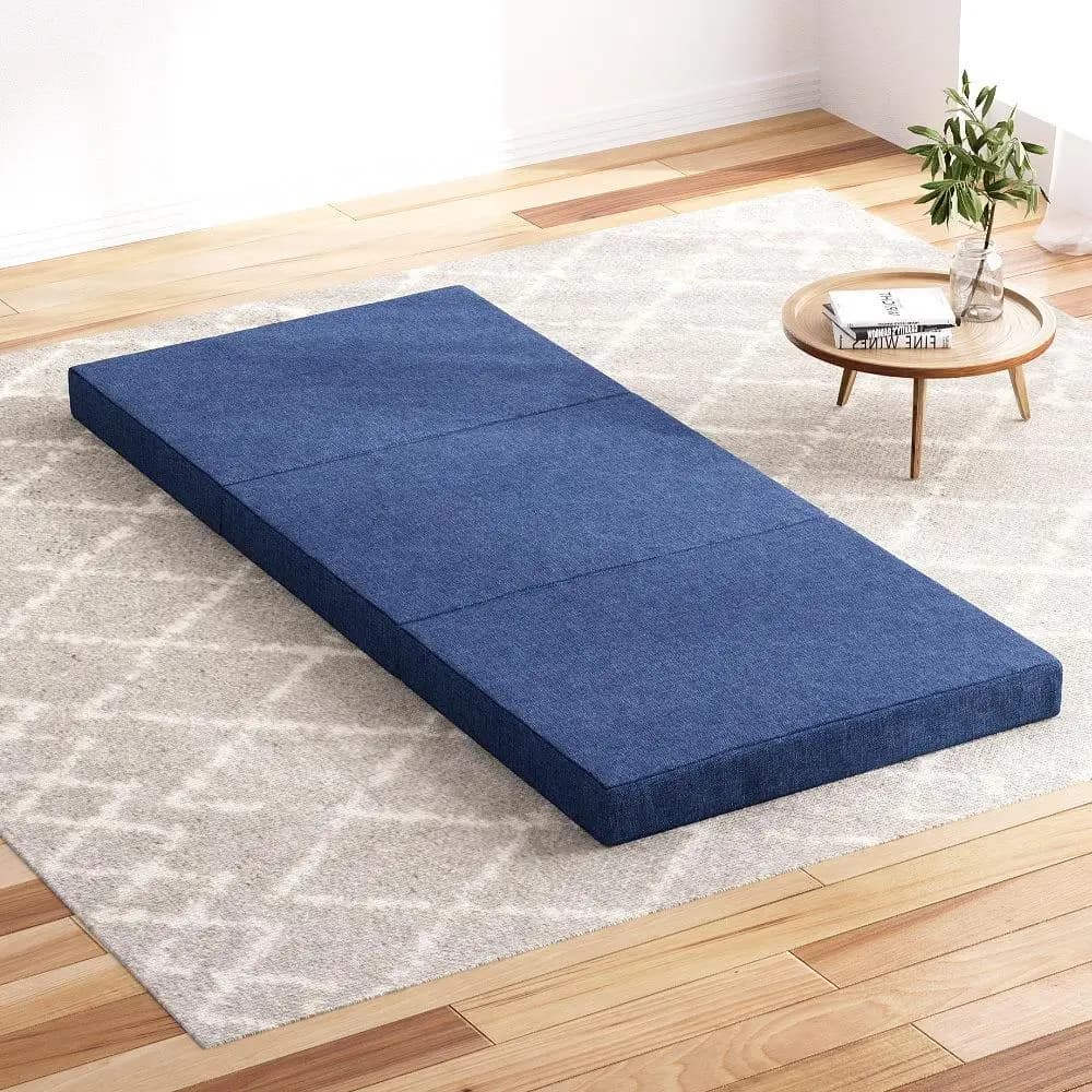 Foldable Single Foam Mattress Blue Portable Tri Fold Sleeping Pad for Home Guest Bed Camping Use