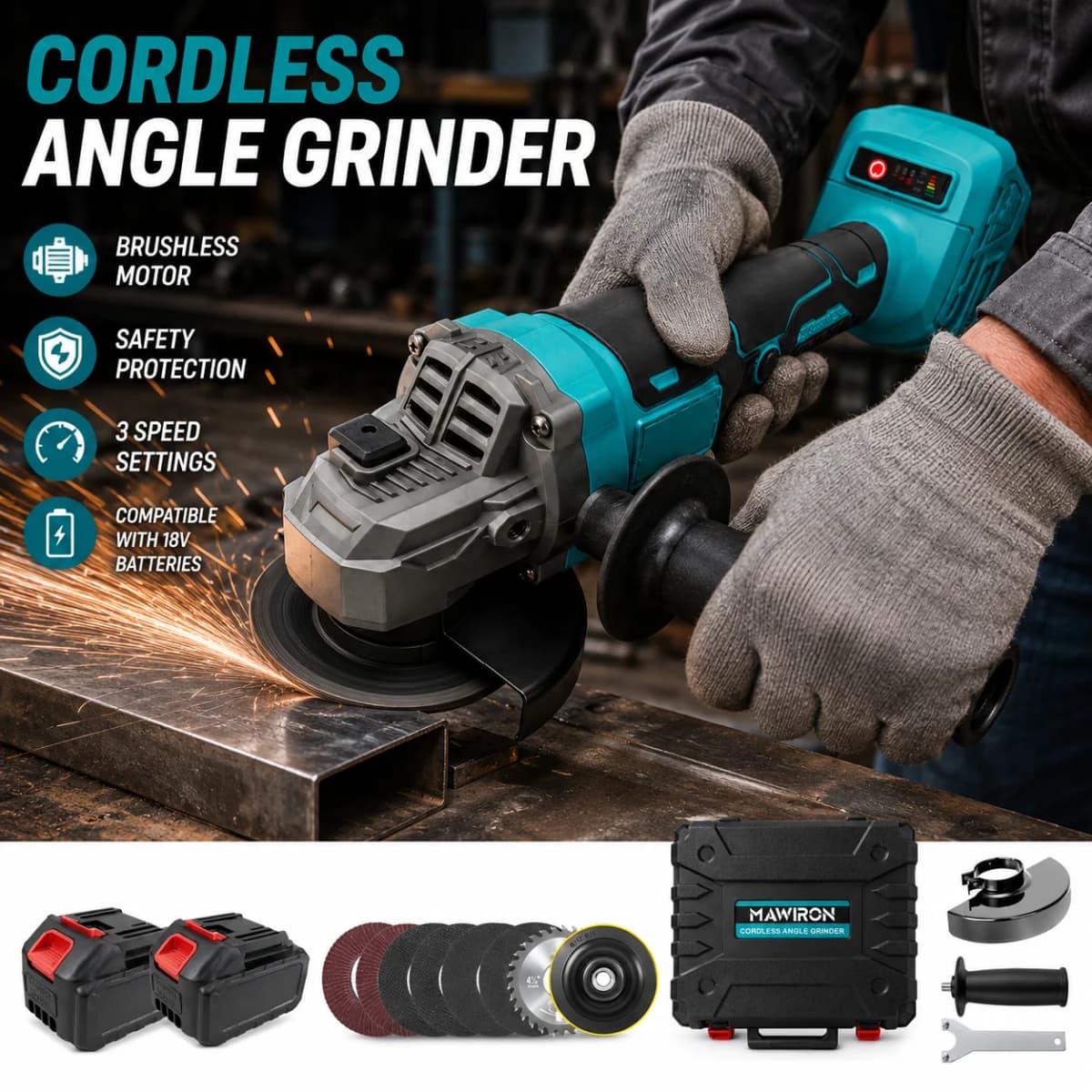 Cordless Angle Grinder Compatible with Makita 18V Battery,Brushless Electric Grinder 125mm Grinding Tool with 2 Batteries, Variable Speed Power Grinder Kit for Metal Cutting Polishing Grinding & DIY Workshopval
