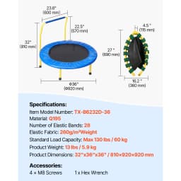 SucceBuy 3FT Recreational Trampoline Max Load 132lbs for Kids 36" Exercise Trampoline for Children Toddlers Indoor/Garden