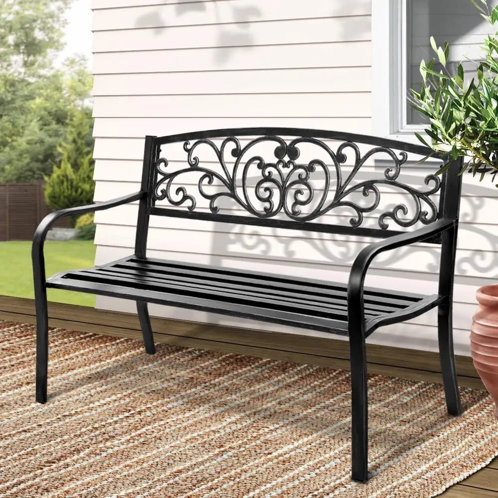 Outdoor Steel Garden Bench 3 Seater Black Park Patio Furniture Seat