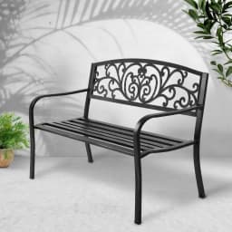 Outdoor Steel Garden Bench 3 Seater Black Park Patio Furniture Seat