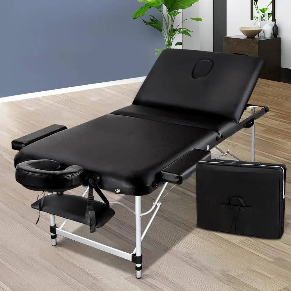 Portable 3 Fold Aluminium Massage Table 70cm Black Beauty Bed