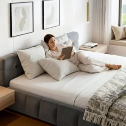 Double Size Velvet Platform Bed Frame with Plush Soft Headboard Grey for modern Bedroom Upholstered Base