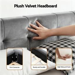 Double Size Velvet Platform Bed Frame with Plush Soft Headboard Grey for modern Bedroom Upholstered Base