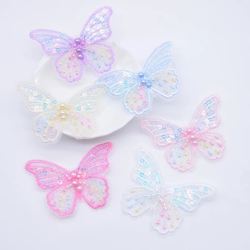 12Pcs 62*48mm Exquisite Sequins Embroidered Mesh Butterfly for DIY Headwear Hair Clips Decor Clothes Hat Shoes Sewing Patches
