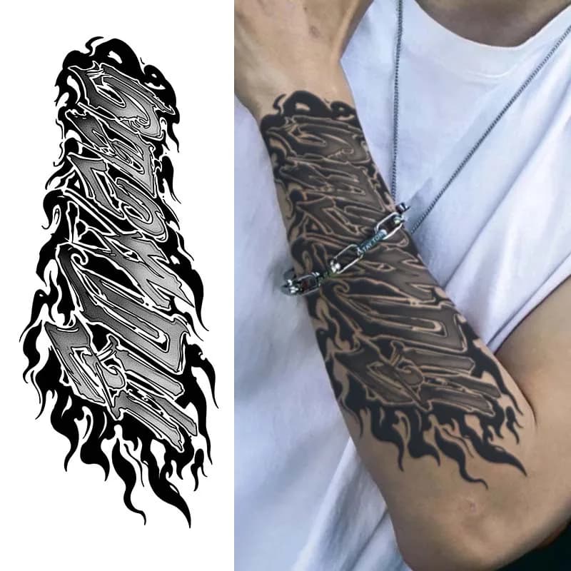1pc Flame Text Arm Waterproof Temporary Tattoo, Long-Lasting 1-2 Weeks, Realistic Semi-Permanent Fake Tattoo
