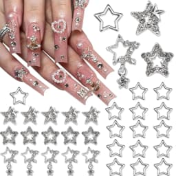 25PCS Star Nail Charms 3D Alloy Nail Art Charms 4 Styles Silver Stars Nail Rhinestones Crystal Pentagram Nail Gems for DIY Craft