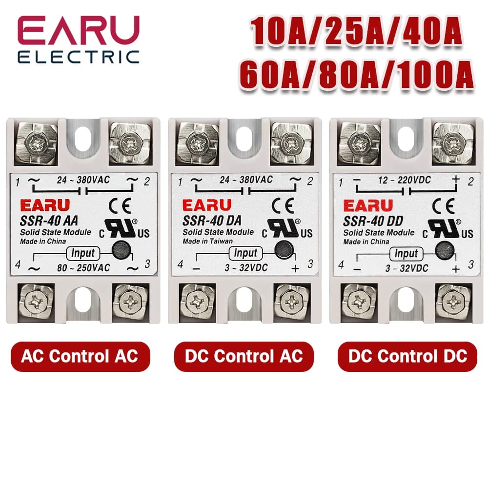 EARU Solid State Relay Single Phase SSR-25DA SSR-40DA SSR-40AA SSR-40DD SSR 10/25/40/60/80/100A DD DA AA PID Temperature Control
