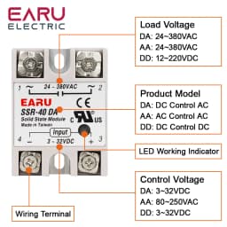 EARU Solid State Relay Single Phase SSR-25DA SSR-40DA SSR-40AA SSR-40DD SSR 10/25/40/60/80/100A DD DA AA PID Temperature Control