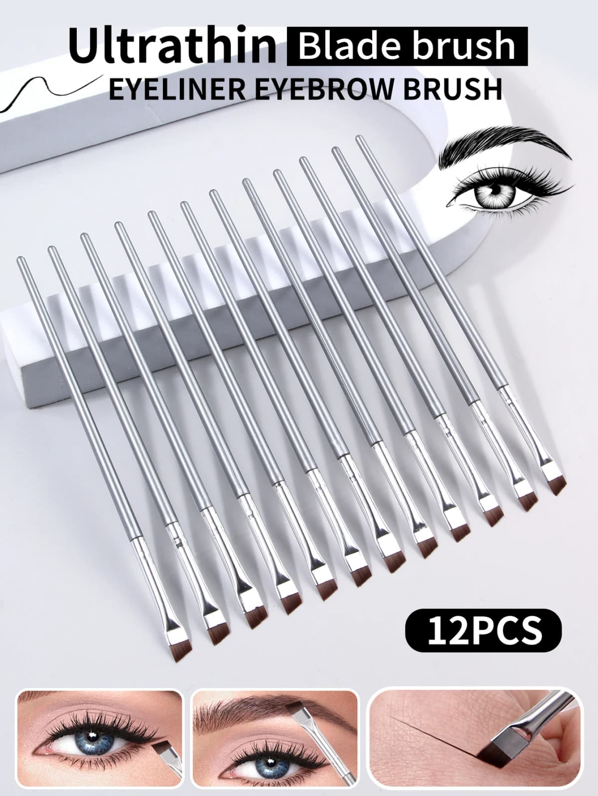 12pcs Silvery Super Thin Blade Eyeliner Brush & Soft Makeup Brush Set, Portable Eyebrow Brush & Multipurpose Cosmetic Tool