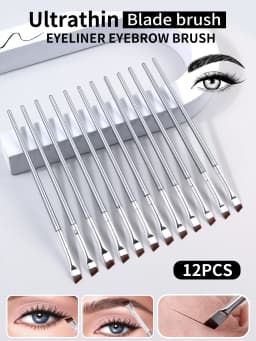 12pcs Silvery Super Thin Blade Eyeliner Brush & Soft Makeup Brush Set, Portable Eyebrow Brush & Multipurpose Cosmetic Tool