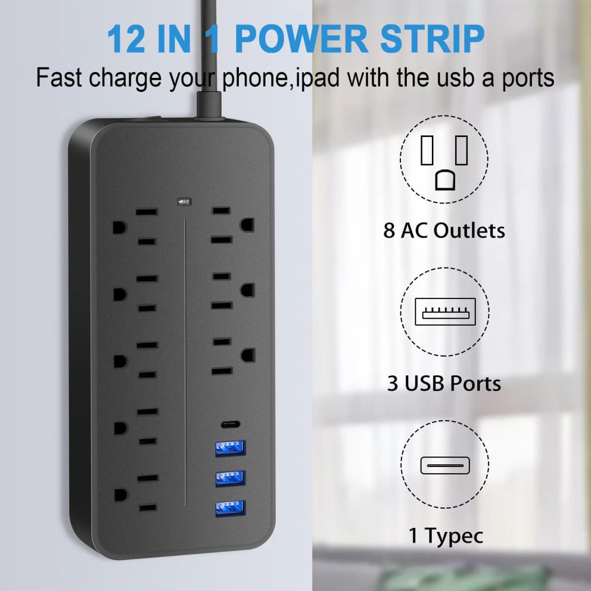 Power Strip US Plug AC Outlets Multitap Electrical Socket Extension Cord With USB C Ports Fast Charging Network Filter Adapter