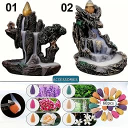 1pc Mountains River Waterfall Reflux Incense Burner Fountain Backflow Aroma Smoke Censer Holder Home Crafts +60 Incense Cones