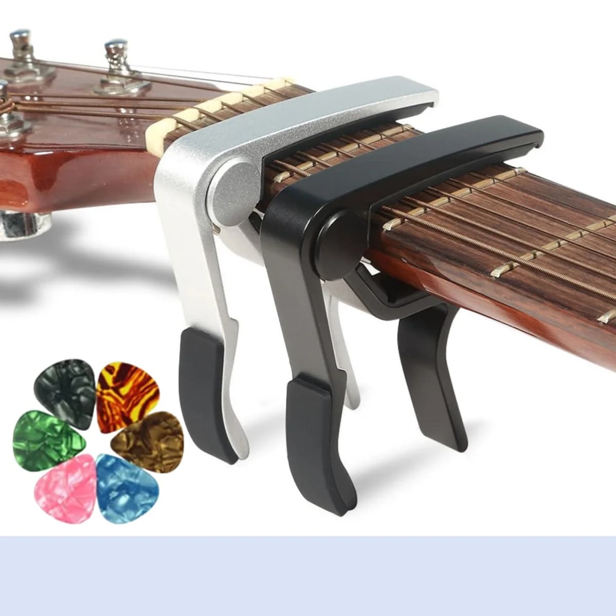 Guitar capo black or silver for acoustic guitar, electric guitar, classical guitar, banjo, bass etc.+guitar picks (6 random colo