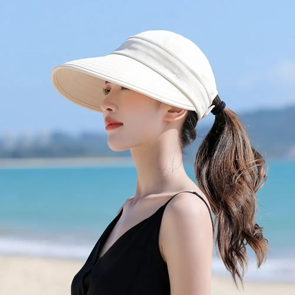 Women Summer Sun Hat Casual Foldable Wide Brim Detachable Empty Top Ponytail Cap Adjustable UV Protection Sun Hat