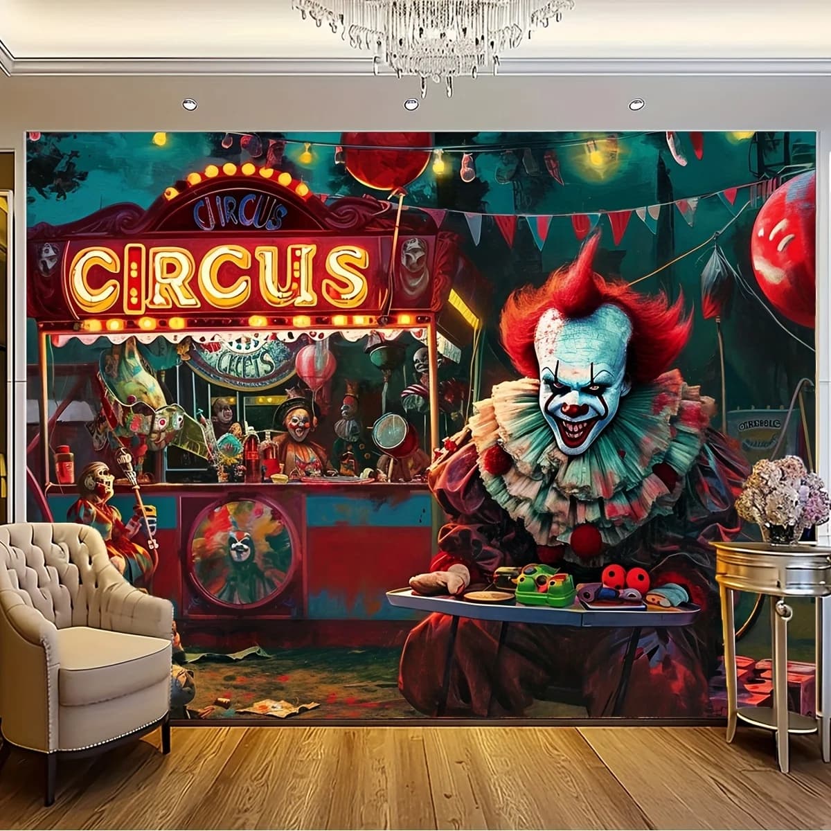 1 person Scary Clown Carnival - Spine tingling evil circus background haunted house decorated banner for home