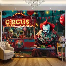 1 person Scary Clown Carnival - Spine tingling evil circus background haunted house decorated banner for home