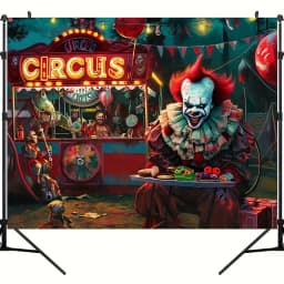 1 person Scary Clown Carnival - Spine tingling evil circus background haunted house decorated banner for home