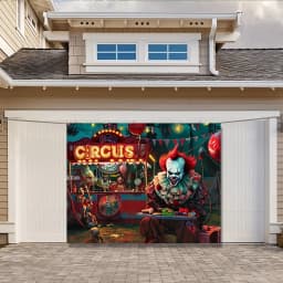 1 person Scary Clown Carnival - Spine tingling evil circus background haunted house decorated banner for home