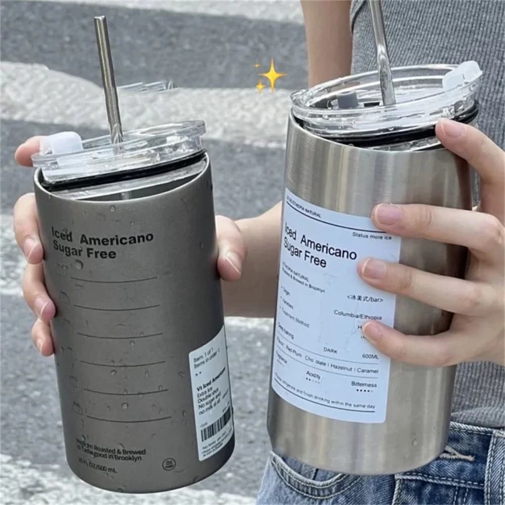 Portable 600ml Thermos Cup 304 Stainless Steel Coffee Mug Thermal Leak-proof Water Bottle with Straw Insulated Bottle Drinkware