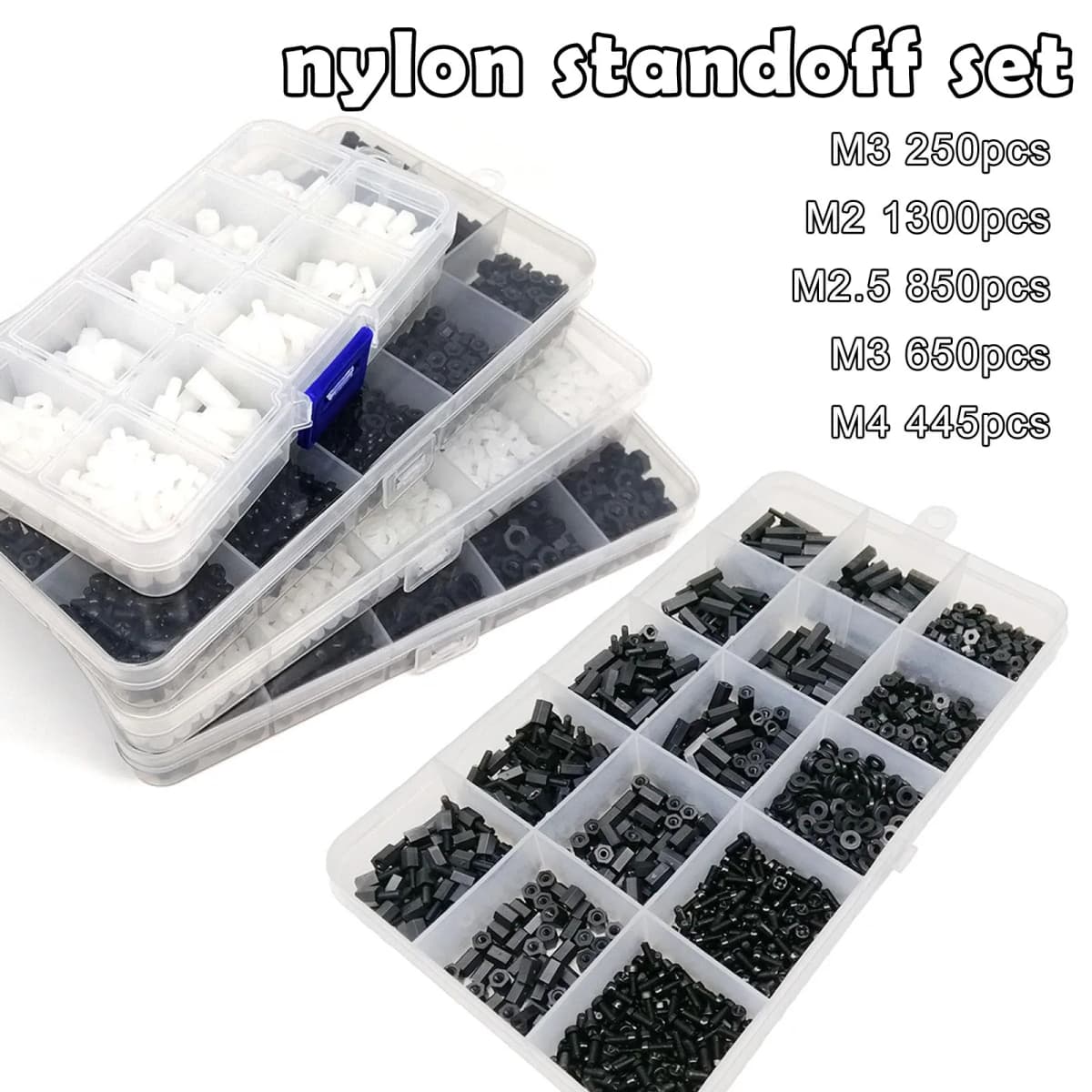 1 Box Plastic Nylon Hex Hexagon Spacer Column Standoff Screw Nut Washer Kit Set for PCB Motherboard M2 M2.5 M3 M4 Black White