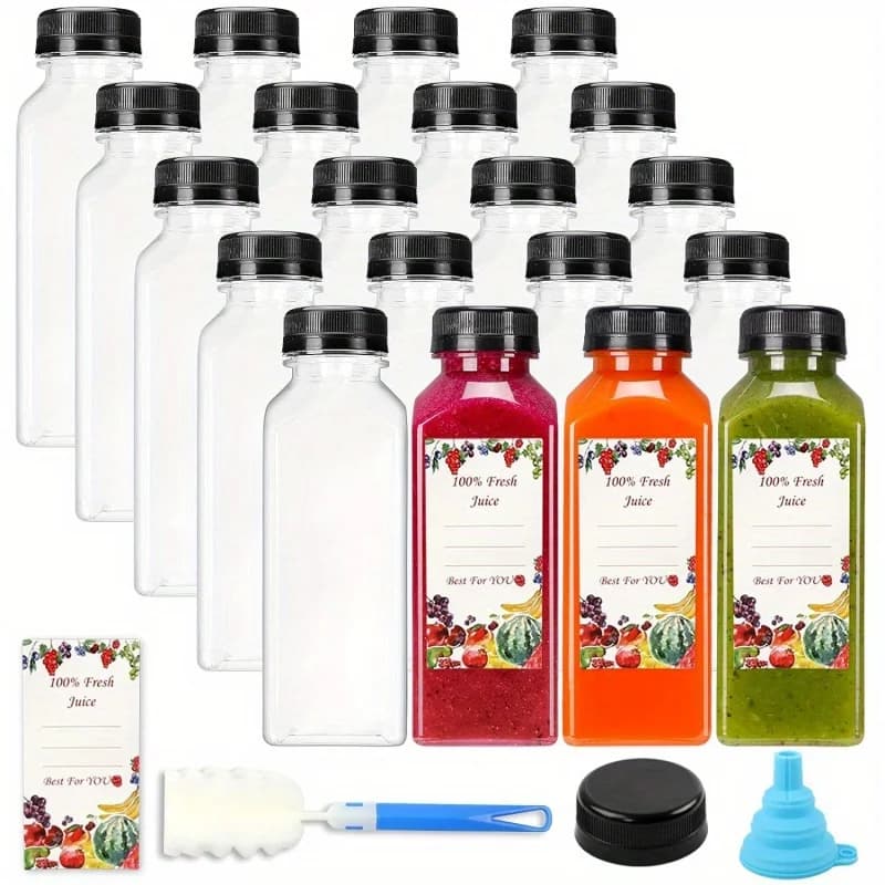 16oz Leak-Proof Reusable Plastic Juice Bottles with Tamper-Resistant Black Lids - Perfect for Smoothies, Drinks Tea Dispensing