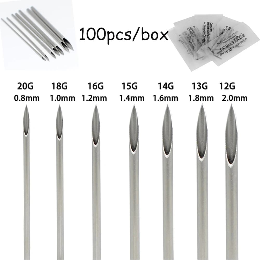 Blue Genie 10/100pcs Body Piercing Needles 14G 16G 18G Stainless Steel Disposable Ear Nose Navel Nipple Lip Piercing Needle