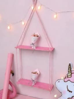 1/2-Tier Pink Hemp Rope Wooden Plant Flower Pot Tray Display Stand Storage Rack Wall Shelves Floating Wall Shelf Home Decoration