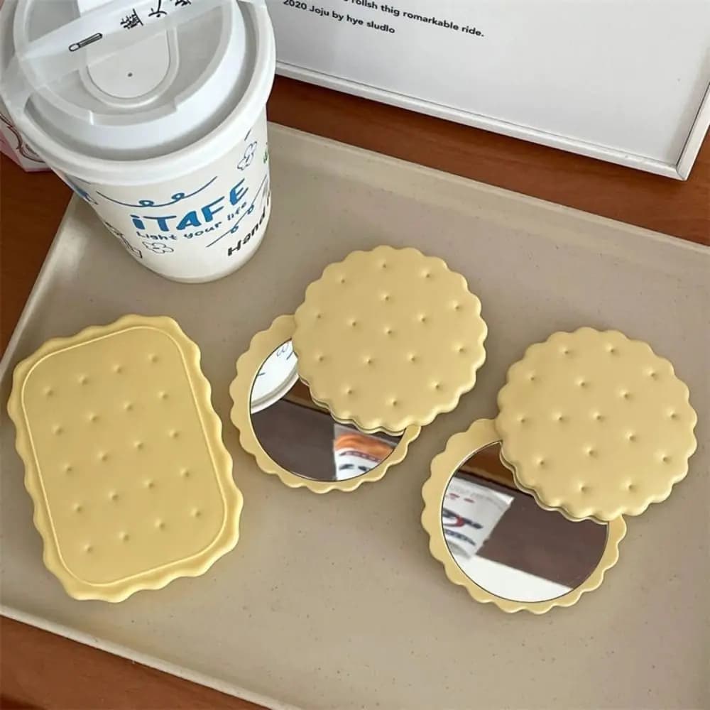 Cheese Biscuit Design Pocket Mirror Portable Foldable Mini Makeup Mirror For Travel Daily Use Cute Cartoon Style