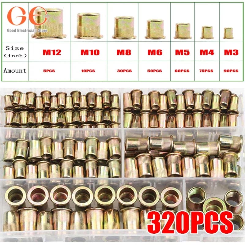 320Pcs Rivet Nuts Kit Flat Head Insert Nutsert Rivnuts Assortment Set Threaded Insert Nutserts Assort, M3-M12 Bolts and Nuts