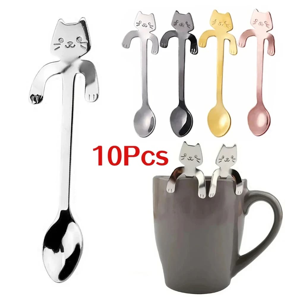 Creative Stainless Steel Cat Coffee Spoons Hanging Ear Teaspoon Short Handle Dessert Ice Cream Spoon Tableware Kitchen Gadgets