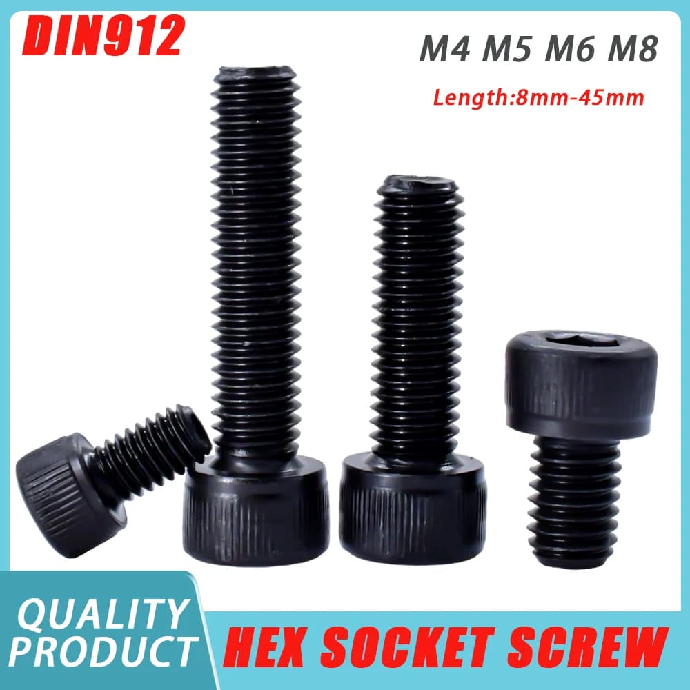 10-100pcs DIN912 Hex Socket Head Cap Bolt Screw M4 M5 M6 M8 Black Grade12.9 Carbon Steel Allen Head Screws Length 8mm-45mm