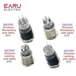 19/22MM Self-return Momentary Self-locking Fixation Waterproof DPDT Metal Selector Knob Rotary Switch 2 3 Position with LED Lamp