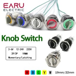 19/22MM Self-return Momentary Self-locking Fixation Waterproof DPDT Metal Selector Knob Rotary Switch 2 3 Position with LED Lamp
