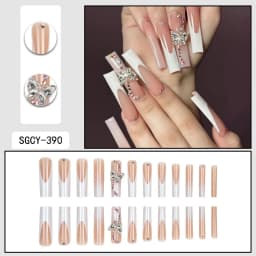 24 Pieces of Ultra Long Coffin Shaped Press on Nails French&Gradient&Flower Pattern 3D Butterfly Dot Diamond Glossy Fake Nails