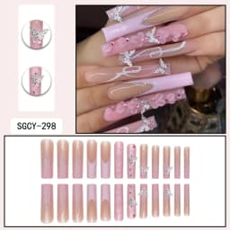24 Pieces of Ultra Long Coffin Shaped Press on Nails French&Gradient&Flower Pattern 3D Butterfly Dot Diamond Glossy Fake Nails