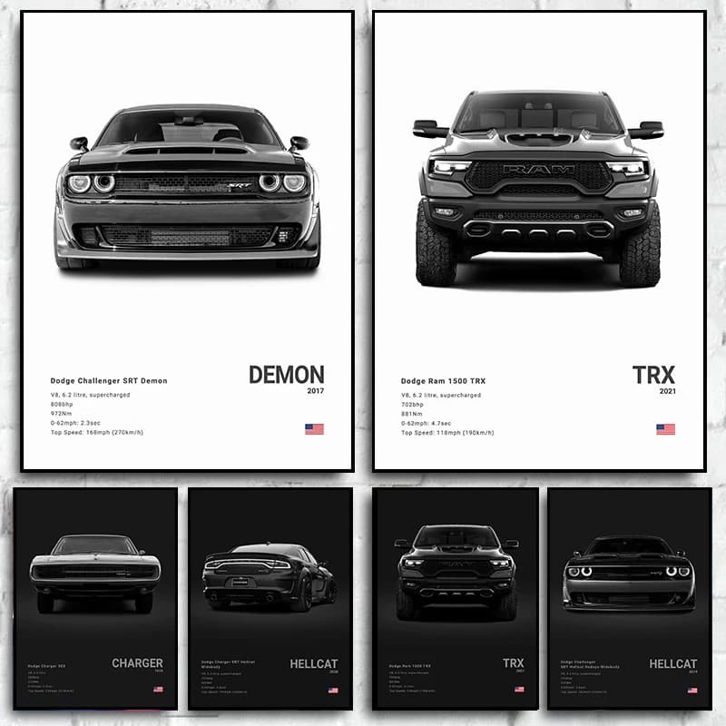 Dodge Challenger SRT Hellcat Redeye Poster Print Canvas Painting Sports Car Photography Art Modern Office Living Room Decoration