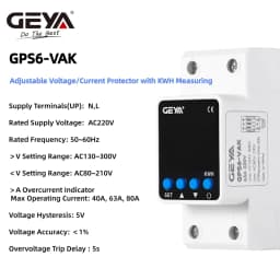 GEYA GPS6 Din Rail Adjustable Over Voltage Under Voltage Protection Device 40A 63A 80A 220VAC Digital Display Voltage Protector