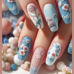 24Pcs Short Almond Press-On Nails Pink Floral French Tip Glossy&Elegant Full Cover Fake Nails for Women&Girls Spring,Daily Wear