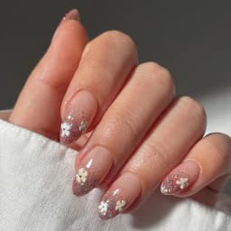 24Pcs Short Almond Press-On Nails Pink Floral French Tip Glossy&Elegant Full Cover Fake Nails for Women&Girls Spring,Daily Wear