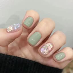 24Pcs Short Almond Press-On Nails Pink Floral French Tip Glossy&Elegant Full Cover Fake Nails for Women&Girls Spring,Daily Wear