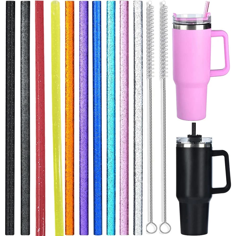 10 Pack Replacement Straws for Stanley 40 oz 30 oz Tumbler 12 in Long Reusable Plastic Glitter Plus 2 Cleaning Brush for Straw