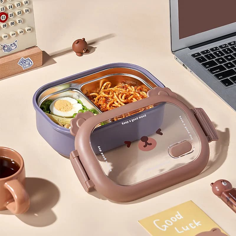 Cartoon Bear Pattern Stainless Steel Lunch Box Student School Office Healthy Food Storage Containers Portable Grids Bento Box