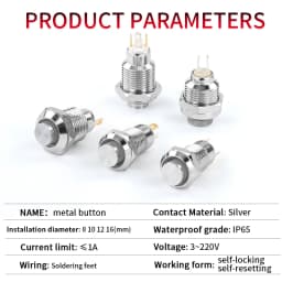 1NO High head Waterproof Metal Push Button Switch LED Light Self-locking/reset 3/6/12/24/220V 8/10/12/16mm Brass nickel plating