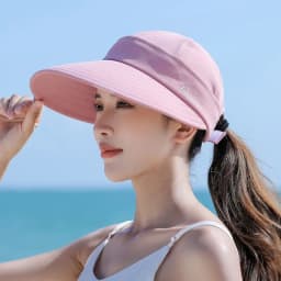 Outdoor Wide Brim Women Summer Sun Hat UV Protection Foldable Empty Top Ponytail Cap Detachable Adjustable Beach Cap